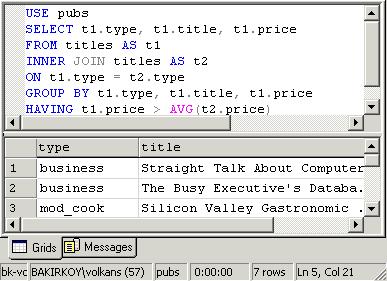 price > (SELECT AVG(t2.price) FROM titles AS t2 WHERE t1.type=t2.type ) Sonuç 1: Sorgu 2: USE pubs SELECT t1.type, t1.title, t1.price FROM titles AS t1 INNER JOIN titles AS t2 ON t1.type = t2.