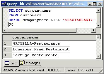 SELECT companyname FROM customers WHERE companyname LIKE %RESTAURANT% SQL AND & OR & NOT MANTIKSAL OPERATÖRLERİ AND ve OR Mantıksal operatörlerini birden fazla koşulu birleştirmek için kullanırız.