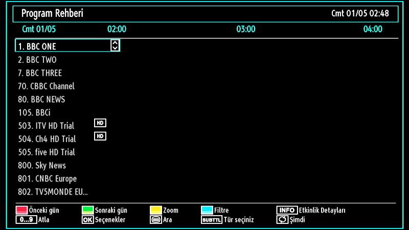 MAVİ tuş (Sonraki gün): Sonraki günün programlamalarını gösterir. TXT tuşu (Filtre): Filtreleme seçeneklerini gösterir.