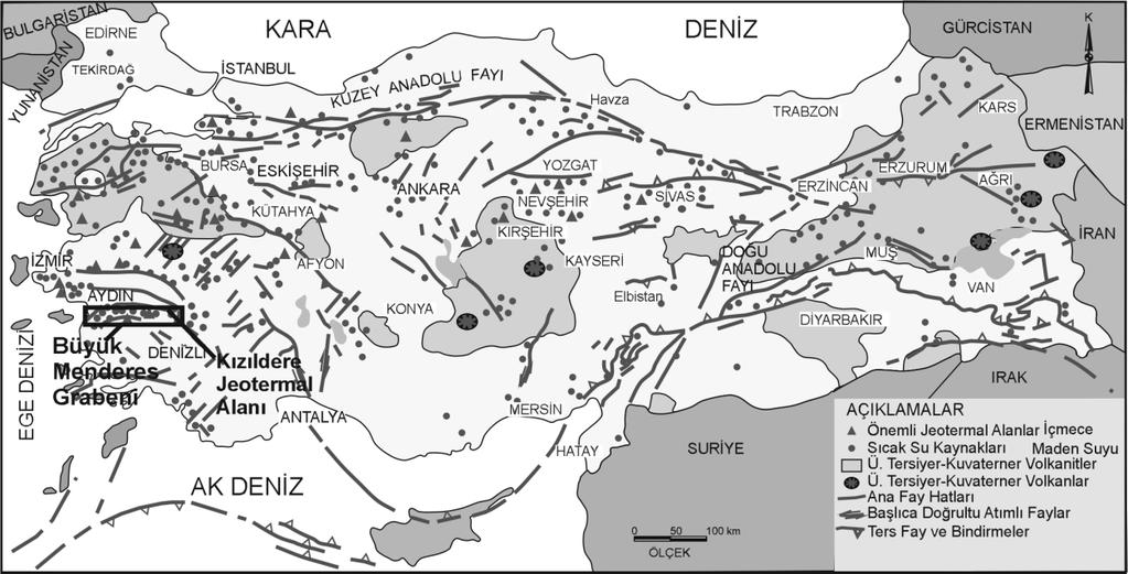 Şekil 1. Türkiye nin önemli tektonik hatları ve volkanik alanları ile başlıca jeotermal alanları (Şimşek, 2009 dan düzenlenerek) ve inceleme alanının yeri.