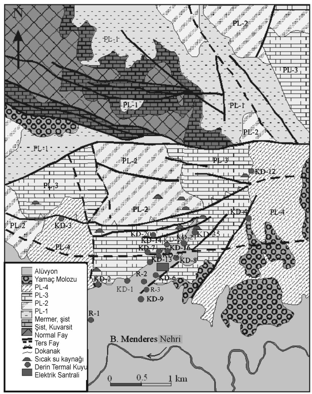 Şekil 2. Kızıldere jeotermal alanı çevresinin jeoloji haritası ve su noktalarının yeri (Şimşek, 1985 ve Şimşek vd., 2005 den düzenlenerek). 3.