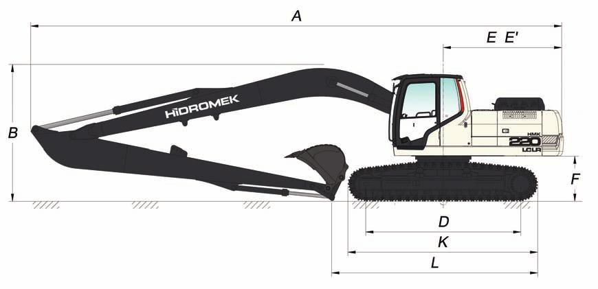 220LC LR ÖLÇÜLER GENEL ÖLÇÜLER Bom Ölçüsü 8.500 mm Arm Ölçüsü 6.100 mm A - Toplam Uzunluk 12.470 mm B - Bom Yüksekliği 3.200 mm C - Alt Șase Genișliği (Palet Genișliği) 2.990 / *3.090 / 3.