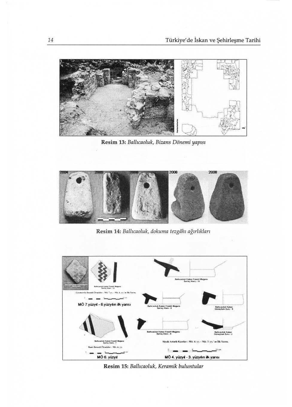 14 Türkiye' de İskan ve Şehirleşme Tarihi Resim 13: Ballıcaoluk, Bizans Dönemi yapısı Resim 14: Ballıcaoluk, dokuma tezgahı ağırlıkları /',y/"r \' ~ - - ~ -
