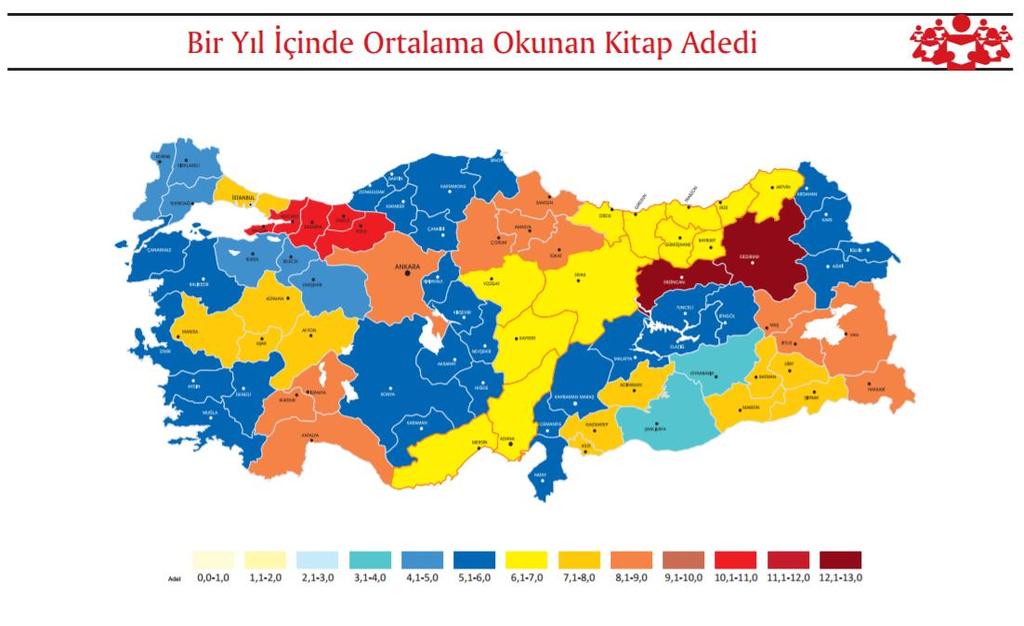 5. Türkiye'de Kitap Okuma Oranı Grafikleri En az kitap okunan bölgeler Trakya ve Şanlıurfa civarı olurken, en çok kitap okunan