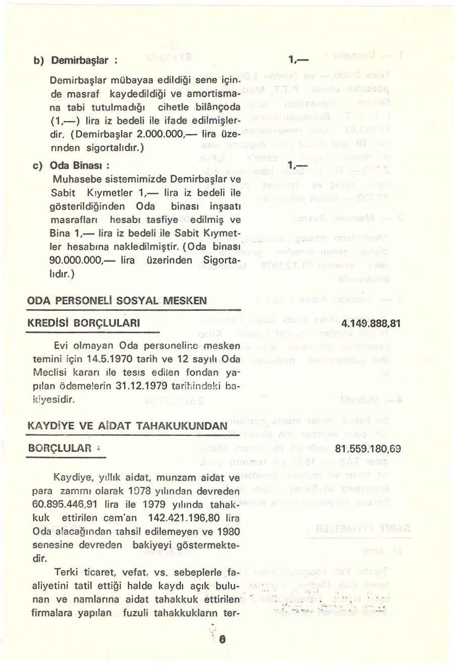 b) Demirbaşlar : 1,- Dem irbaşlar mübayaa edildiği sene içinde masraf kaydedildiği ve amortismana tabi tutulmadığı cihetle bilançoda (1,-) lira iz bedeli ile ifade edilmişlerdir. ( Demirbaşlar 2.000.