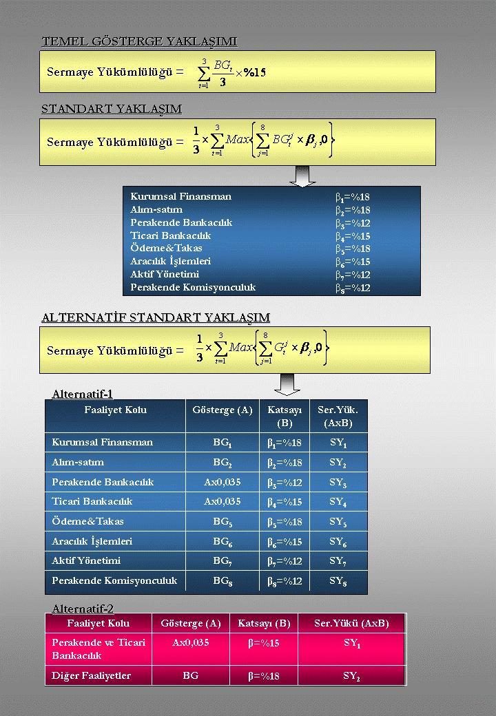 BDDK Basel-2 QIS-TR2 Değerlendirme Raporu çarpılmakta, SA yaklaşımında ise brüt gelir sekiz ayrı faaliyet kolu için ayrı ayrı hesaplanmakta ve bu tutarlar faaliyet kolları için belirlenmiş katsayılar