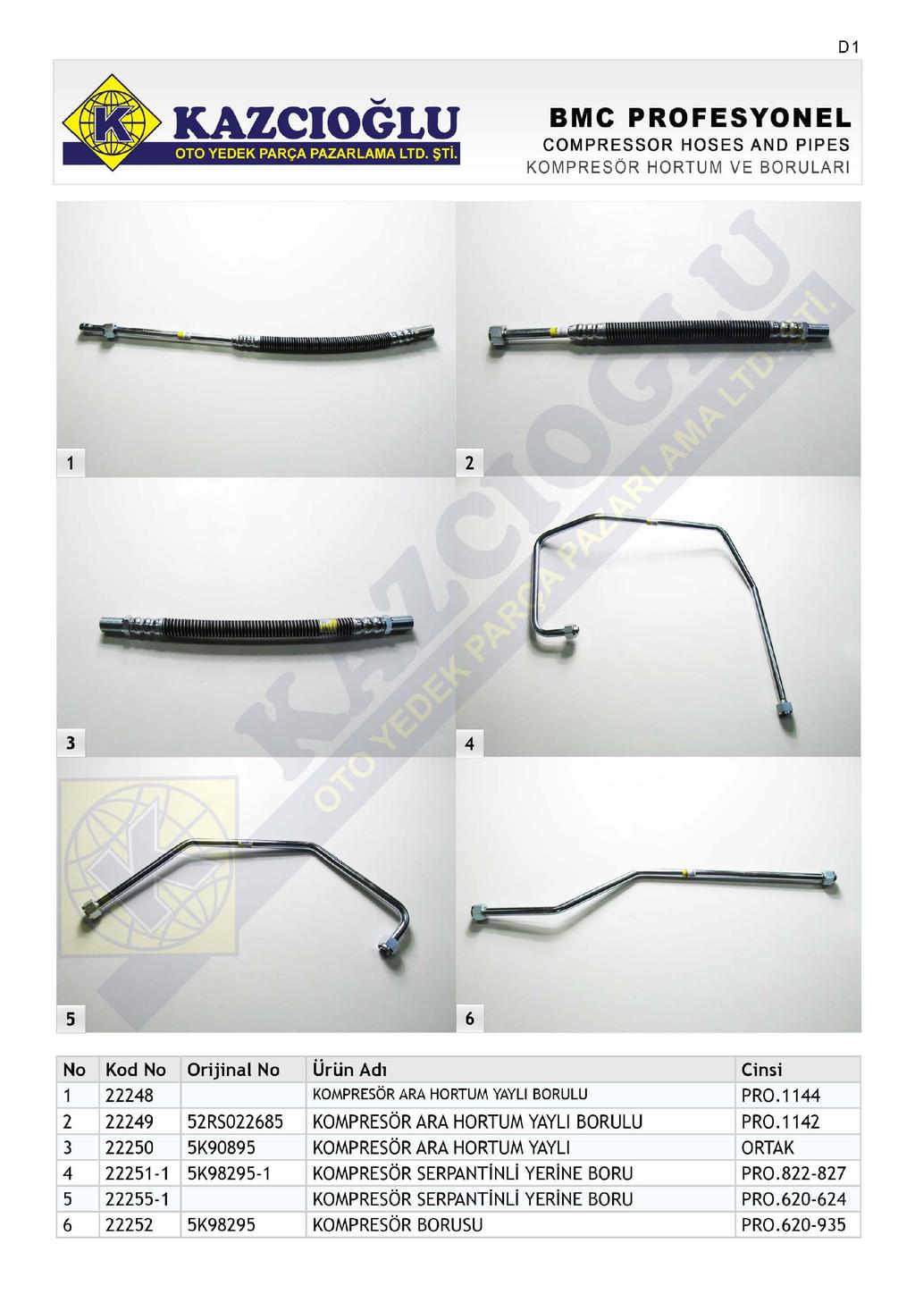 D COMPRESSOR HOSES AND PIPES KOMPRESÖR HORTUM VE BORULARI ~ -~. - ~ ~ ~ t~,._... -~ 6 No 6 Kod No Orijinal No Ürün Ad 8 KOMPRESÖR ARA HORTUM YAYLI BORULU PR0.