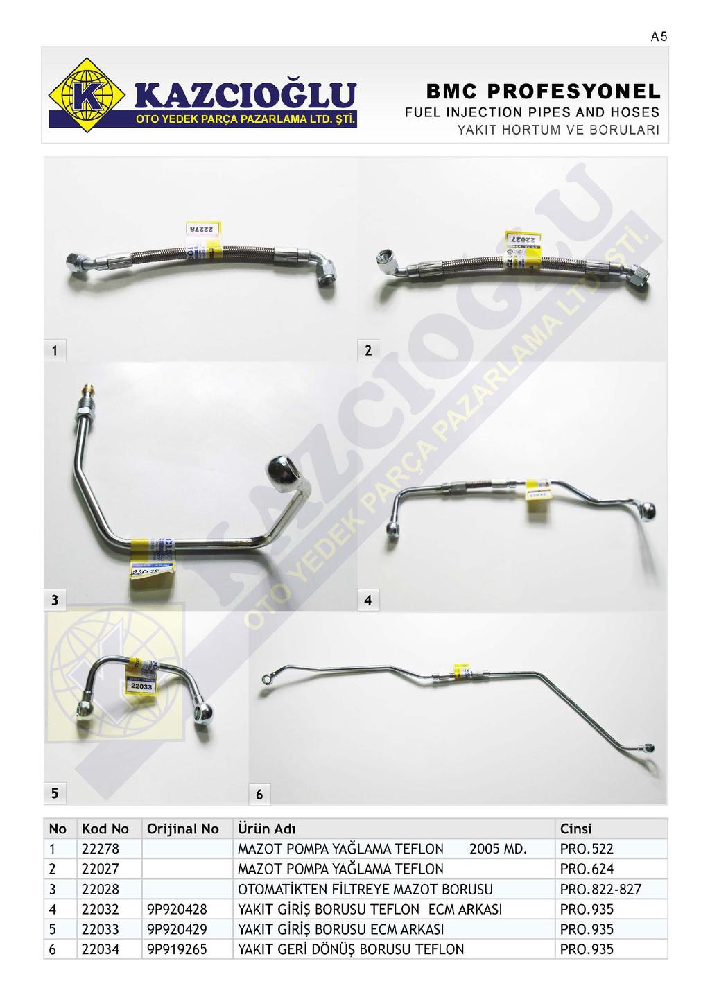 A FUEL INJECTION PIPES AND HOSES YAKIT HORTUM VE BORULARI 6 78 07 08 0 9P908 0 9P909 6 0 9P996 Ürün Ad MAZOT POMPA YAGLAMA TEFLON 00 MD. PR0.