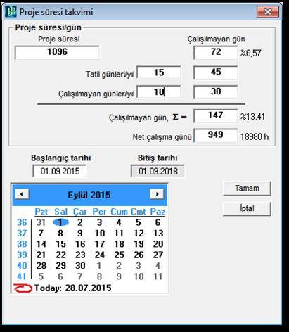 Şekil 15 Tatil günleri/yıl ve Çalışılmayan günler/yıl değerleri ilk açılmada 0 olarak gelir, buraya yeni değerler girildikçe, Çalışılmayan gün (toplam) ve Net çalışam günü hesaplamaları otomatik