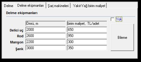 Birinci sırada, seçilmiş olan delici makine adı vardır. Rod uzunluğu seçilimiş olduğu şekli ile gelmiş ve delik derinliğine bağlı olarak teorik adedi hesaplanmıştır. Gerektiğinde değiştirilebilir.