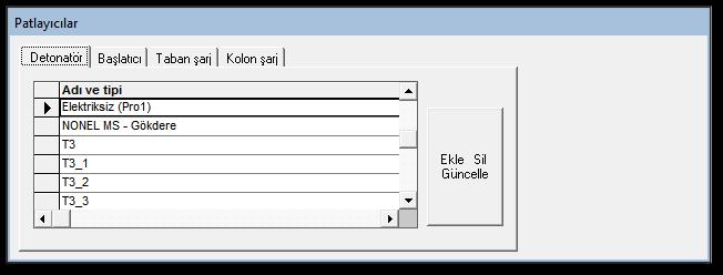 Patlayıcılar Form dört farklı alt kısım şeklinde tasarlanmıştır ve projede bir delik içerisinde kullanılacak olan patlayıcı maddeler hakkındaki detay bilgilerin alınması içindir.