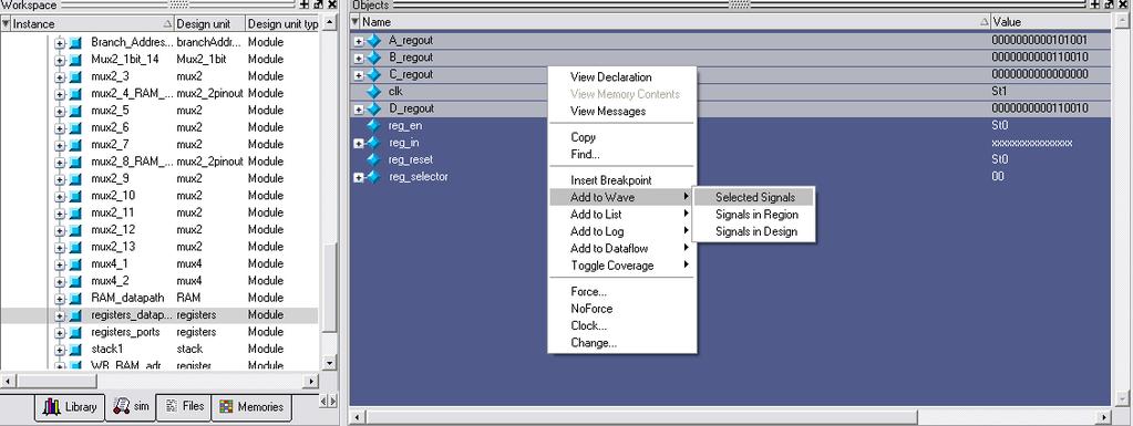 Şekil 4.11. İstenilen sinyallerin eklenmesi Seçilen bağlantı sağ tıklanır ve Add to Wave/ Selected Signals seçilerek görülmesi istenen bağlantılar da belirlenmiş olur.