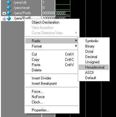 Şekil 5.6. Modelsim benzetim editörüne geçiş uygulaması Sanal benzetime benzer şekilde ModelSim benzetim penceresi açılır. Bu pencereden clk, reset, PortA ve PortB sinyalleri en üst modelden seçilir.