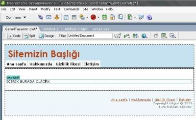 DW içerisinde değiştirilebilir alanların görünümü Önceden tanımlı bir değiştirilebilir alanın ismini değiştirmek için alan simi üzerine bir kez tıklayıp Properties panelinden ilgili değişikliği