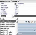 CSS styles paneli All Rules dan bir stili seçtiğimiz anda Properties kısmında ilgili stile ait özellikler ve parametreler listeleniyor.