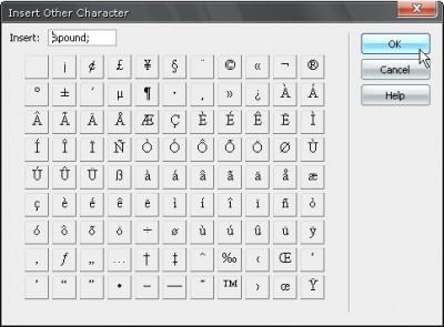 Özel karakter ekleme penceresi Dreamweaver Rollover Text Linkler "CSS Styles" panelini açık