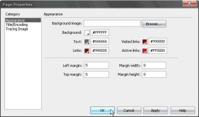 Modify / Page Properties menüsü ile sayfa ayarları iletişim penceresine ulaşabilirsiniz "Appearance" sekmesinden arka fon ve renk ayarları ile kenar