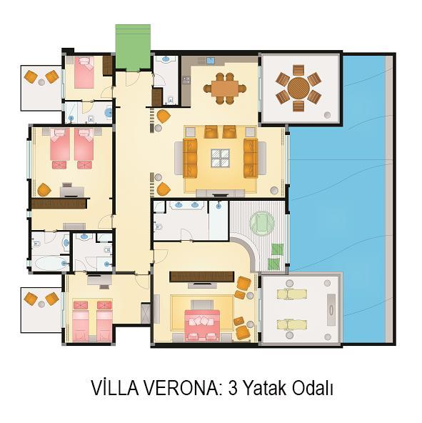 VILLA VERONA (3 YATAK ODALI) 4 ADET GAZETE BUTLER SERVİSİ 265 M2 ODADA ÇİÇEK ARAJMANI ODADA C/IN C/OUT 3 YATAK ODASI NESPRESSO MAKİNESİ TURN DOWN SERVİSİ 3 WC ZENGİNLEŞTİRİLMİŞ MİNİBAR YASTIK MENÜSÜ