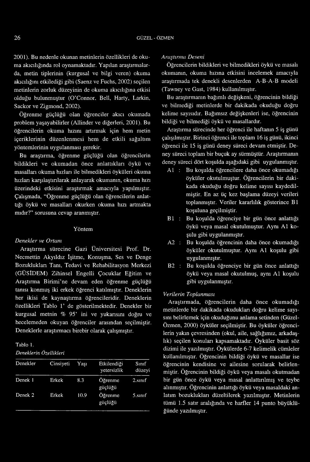 bulunmuştur (O Connor. Bell, Harty, Larkin, Sackor ve Zigmond, 2002). Öğrenme güçlüğü olan öğrenciler akıcı okumada problem yaşayabilirler (Allinder ve diğerleri, 2001).