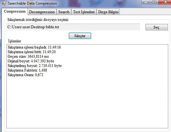 Şekil 3: Sıkıştırma safhası 2. Sıkıştırılmış dosyayı açma (Şekil 4): Üretilen uygulama kullanılarak sıkıştırılmış bir metin dosyası yine bu uygulama ile orijinal hale getirilebilmektedir.