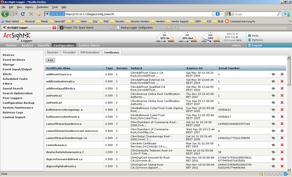 Logger Sistemine Express Sertifikasının Eklenmesi Logger sisteminin yönetim arayüzünde Configuration altında Settings seçilir. Açılan sayfada soldaki bağlantılardan Event Input/Output seçilir.