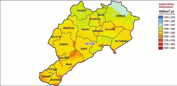 Afyonkarahisar ın özellikle batısı ve güneybatısı güneş enerjisinden yararlanma açısından yüksek potansiyele sahiptir.