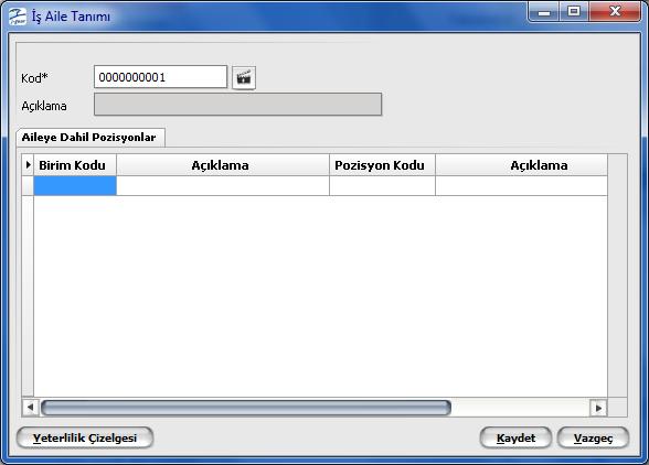 İş Ailesi Tanımları Yeni iş ailesi tanımlamak için İş Aileleri listesinde Ekle seçeneği Açılan tanım penceresinden kaydedilen bilgiler şunlardır: Kod Açıklama Birim Kodu Birim Açıklama Pozisyon Kodu