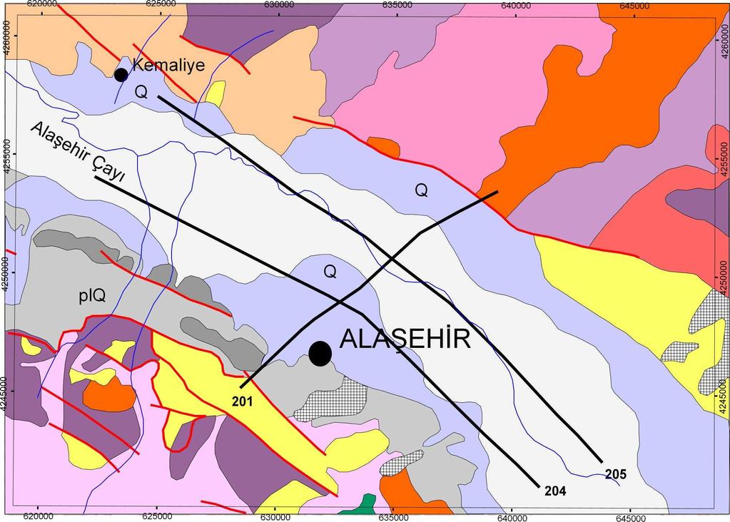 Karasal kırıntılı Q Gnays Kuvaterner (Neojen) Karasal kırıntılı Fay piq Şist (Pliyo kuvaterner) Metagranit Traverten Sismik Profil Şekil 3.1. Sismik kesitlerin jeolojik harita üzerindeki görüntüsü.