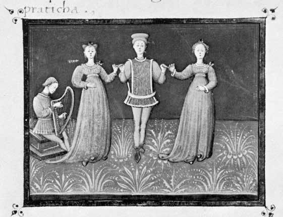 Resim 41. Guglielmo Ebreo, Trattato del ballo (Dans Üzerine), ykl. 1470. Ulusal Kütüphane, Paris, İtalyan elyazmaları 973, fol. 21 v. deki minyatür.