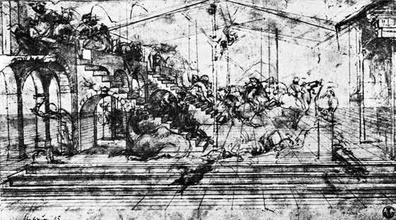 Resim 68. LEONARDO DA VINCI, Müneccim Kralların Tapınması için perspektif çalışması, mürekkep, metal uç, lavi. Uffizi, Floransa.