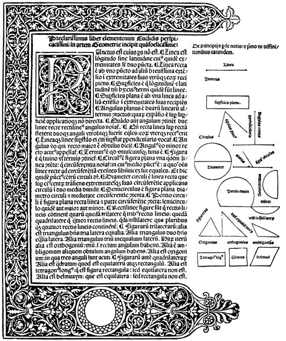 Resim 14. Eukleides, Elementa geometriae (Geometrinin Öğeleri), ağaç baskı (Venedik: 1482) s. 2 r.