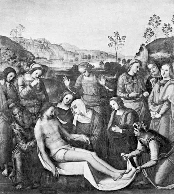 Resim 22. PERUGINO, Ölü İsa ya Ağıt, 1495, pano. Pitti Sarayı, Floransa. leştirme eylemi arasındaki etkileşimdir bizimkinden farklı donanımlara ve yatkınlıklara sahip bir zihindir söz konusu olan.