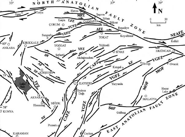 Şekil 4.33. Çalışma alanının çevresindeki bölgesel tektonik unsurları gösteren yapısal harita (Şaroğlu ve diğ., 1987).