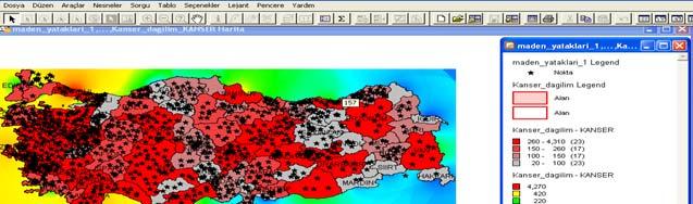 Şekil 10: Maden yatakları ve Kanser haritası Madenlerin kanser hastalığına sebep olup olamayacağı yönündeki araştırmalar ve çakıştırılan haritalar sonucu ülkemizdeki özellikle Marmara ve Ege