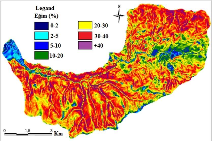 Güney havzaları eğim haritası (batıdan doğuya doğru sırasıyla Ağacaköy D. (solda), Kuru D. (ortada) ve Korucak D. (sağda) (Bayer Altın, vd. 2014 ).