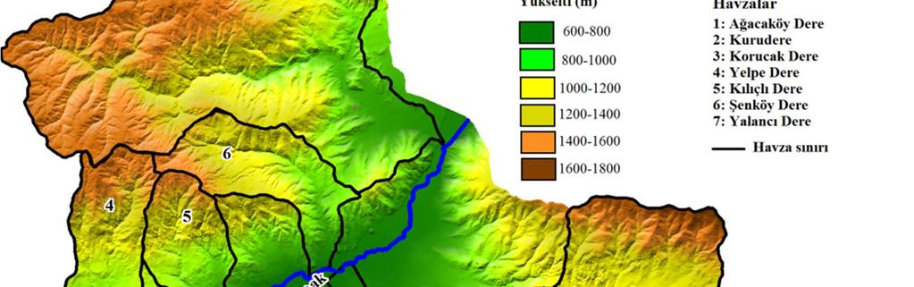 1). Şekil 1. Lokasyon haritası, yükselti basamakları ve havzalar (Bayer Altın, vd.
