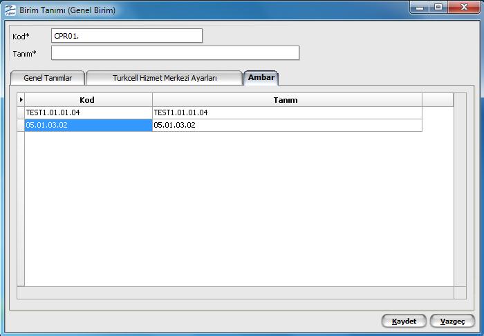 Kod Tanım Bağlı kurum tanım kodudur. Kod alanı bilgi girilmesi zorunlu bir alandır. Bağlı birim adı ya da açıklayıcı bilgisidir. Tanım alanı bilgi girilmesi zorunlu bir alandır.