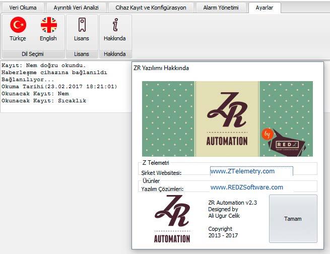 Hakkında butonuna basarak, çıkan pencereden ZR Automation yazılımınızın versiyon
