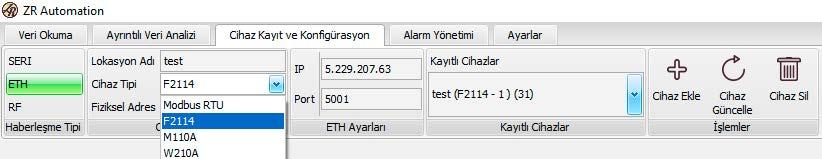 Okumak istediğiniz cihaz ile sağlayacağınız haberleşme tipini seçiniz. Bu örnekte Ethernet seçilmiştir Yazılım kapsamında dört farklı cihaz tipi seçilebilir.
