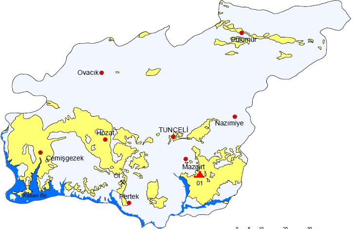 Tunceli ili Miyosen-Pliyosen yaşında gölsel kaya birimleri ile kömür sahaları ve sıcak su kaynakları haritası (MTA, 2009). Bazı linyit kömürleri bünyesinde arsenik içermektedir.