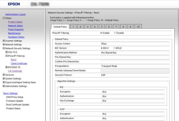 Kuruluş için Gelişmiş Güvenlik Ayarları Default Policy Yapılandırma 1. Web Config'e erişin ve Network Security Settings > IPsec/IP Filtering > Basic öğesini seçin. 2. Her öğe için bir değer girin. 3.