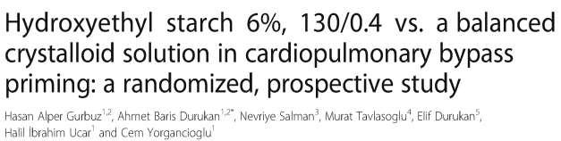 Elektif KABG, 200 hasta, iki gruba randomizasyon: KPB priming inde 1500 ml %6 HES 130/0.