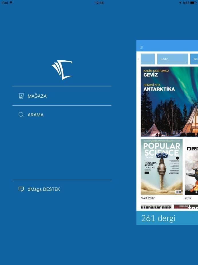 Sol menü ekranı Dergilerin son sayılarının listelendiği Mağaza ekranına dönüş menüsü. Arama menüsü, dergi listesinde arama yapma imkanı verir.