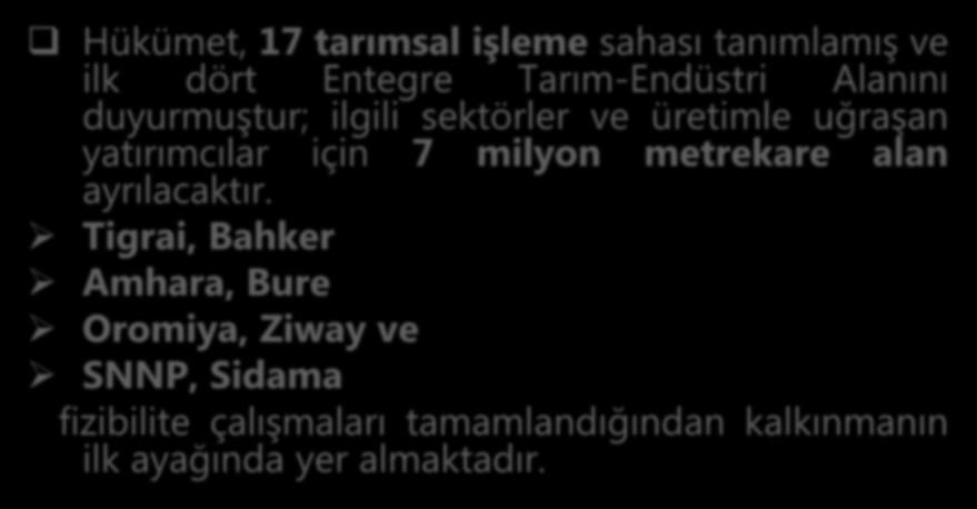 Tarımsal İşleme Alanı Hükümet, 17 tarımsal işleme sahası tanımlamış ve ilk dört Entegre Tarım-Endüstri Alanını duyurmuştur; ilgili sektörler ve üretimle uğraşan yatırımcılar için