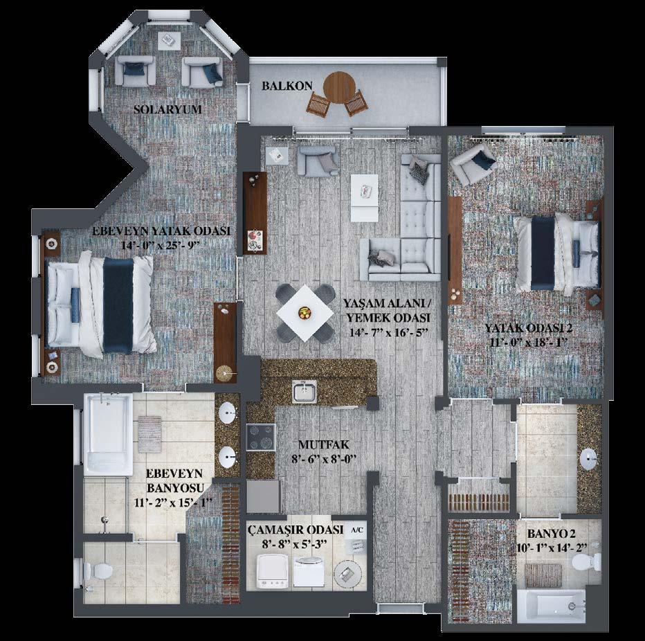 CYPRESS 2 Yatak Odaları 2 Banyolar Salon Balkon Toplam 1,434 Sq. Ft. (133 Sq. Mt.