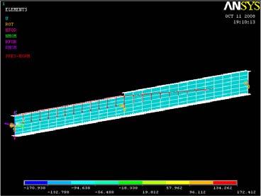 Şekil 7a. Model Şekil 7b. Gerilme Dağılımı Daha sonra problem ANSYS te Şekil 8a. da gösterildiği gibi modellenmiştir.