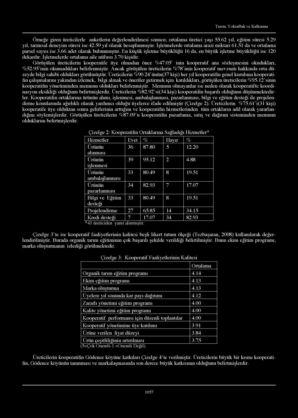 En küçük işletme büyüklüğü 16 da, en büyük işletme büyüklüğü ise 120 dekardır. İşletmelerde ortalama aile nüfusu 3.70 kişidir. Görüşülen üreticilerin kooperatife üye olmadan önce %47.