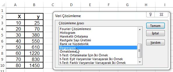 Microsoft EXCEL de regresyon analizini gerçekleştirmek için Eğer bir bağımsız değişken var