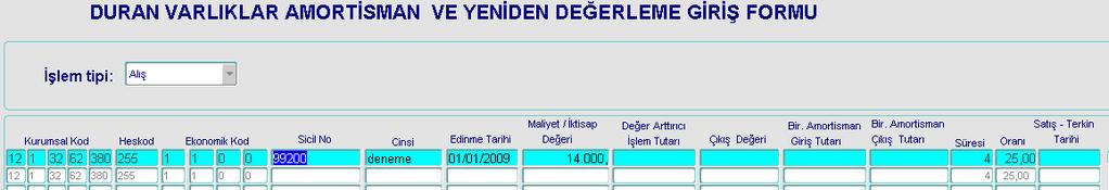 - İmleç sicil no alanına gelir. Buraya kayıtlara alınacak taşınırın sicil nosu girilir. Enter tuşuna basılır. - İmleç Maliyet/İktisap Değeri alanına geçer. Buraya ilgili tutar girilir.