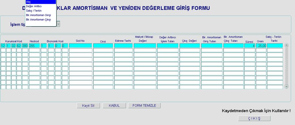 Örneğimizde, birim maliyetin 14.000 YTL olduğunu ve üç birim demirbaş alımı yapıldığını varsayalım. Bu durumda uyarı mesajına evet denilecektir.